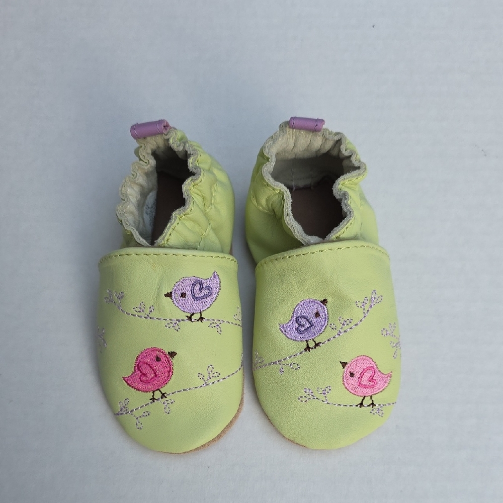 Robeez Perched Pals Lime Green Soft Sole Baby Shoes Pink and Lavendar Birds